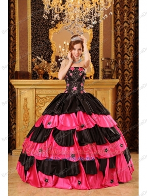 Gorgeous Ball Gown Strapless Floor-length Taffeta Beading Black And Red Quinceanera Dress