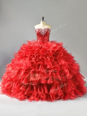 Lovely Red Sleeveless Floor Length Beading and Ruffles and Sequins Lace Up Ball Gown Prom Dress