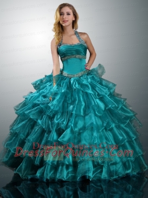 2015 Luxurious Halter Top Teal Quinceanera Dresses with Ruffled Layers
