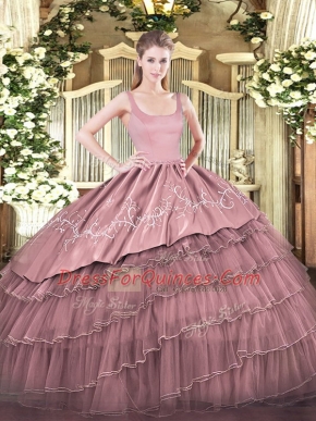 Ideal Pink Ball Gowns Straps Sleeveless Organza Floor Length Zipper Embroidery and Ruffled Layers 15 Quinceanera Dress