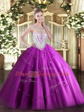 Fuchsia Quinceanera Dresses Military Ball and Sweet 16 and Quinceanera with Beading and Appliques Scoop Sleeveless Zipper