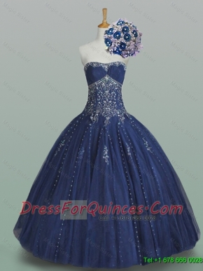 Elegant Ball Gown Strapless Beaded Quinceanera Dresses in Navy Blue