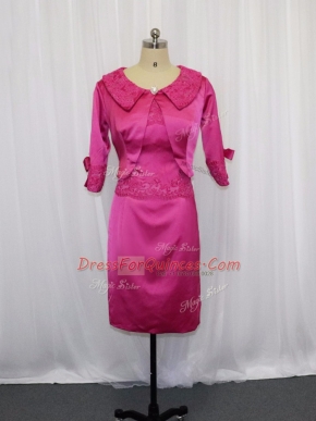 Enchanting Hot Pink Column/Sheath Scoop Sleeveless Satin Mini Length Zipper Lace and Appliques Dress for Prom