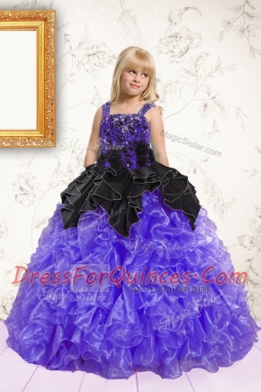 Beading and Ruffles Little Girl Pageant Gowns Black and Purple Lace Up Sleeveless Floor Length
