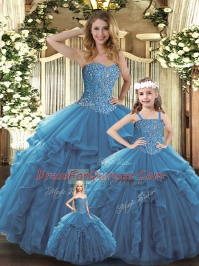 Beautiful Teal Organza Lace Up Sweetheart Sleeveless Floor Length Quinceanera Dress Beading and Ruffles