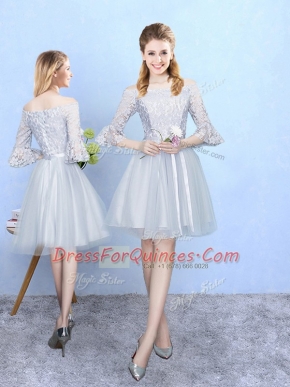 Silver Empire Lace Quinceanera Court of Honor Dress Lace Up Tulle Half Sleeves With Train