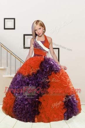Custom Design Floor Length Purple and Orange Red Kids Formal Wear Halter Top Sleeveless Lace Up