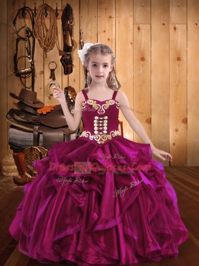 Perfect Straps Sleeveless Organza Child Pageant Dress Embroidery and Ruffles Lace Up