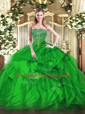 Attractive Green Organza Lace Up Strapless Sleeveless Floor Length Quince Ball Gowns Beading and Ruffles