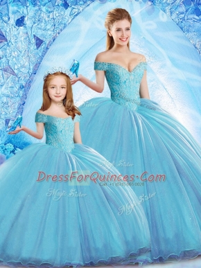 Dazzling Baby Blue Sleeveless Sweep Train Beading 15th Birthday Dress