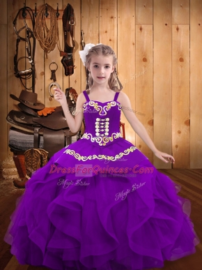 Straps Sleeveless Organza Child Pageant Dress Embroidery and Ruffles Lace Up