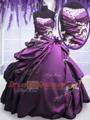 Fashion Strapless Sleeveless Ball Gown Prom Dress Floor Length Appliques and Pick Ups Purple Taffeta
