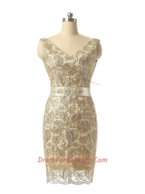 Dynamic V-neck Sleeveless Zipper Prom Dresses Champagne Lace