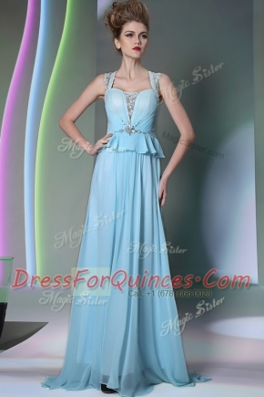 Scoop Light Blue Sleeveless Beading Floor Length Dress for Prom