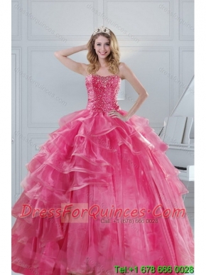 2015 Elegant Pink Strapless Sweet 15 Dresses with Beading and Ruffles