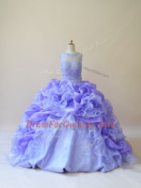 Lavender Organza Zipper Quinceanera Dresses Sleeveless Brush Train Beading and Ruffles