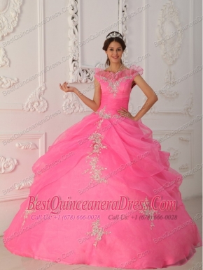 Pink Ball Gown V-neck Floor-length Taffeta and Organza Appliques with Beading Quinceanera Dress