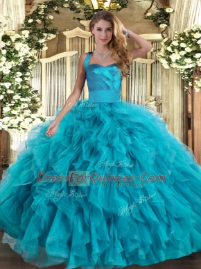 Excellent Halter Top Sleeveless Tulle Quinceanera Gowns Ruffles Lace Up