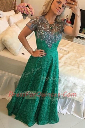 Nice Scoop Lace Short Sleeves Floor Length Beading Zipper Dress for Prom with Green