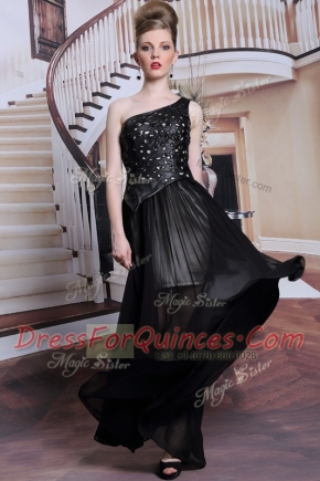 High Class One Shoulder Sleeveless Prom Gown Floor Length Appliques Black Chiffon