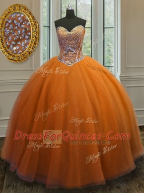 Cute Taffeta Sweetheart Sleeveless Lace Up Beading Sweet 16 Dress in Orange