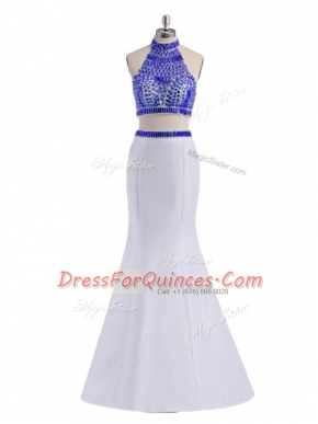 Halter Top Sleeveless Evening Dress Floor Length Beading White Satin