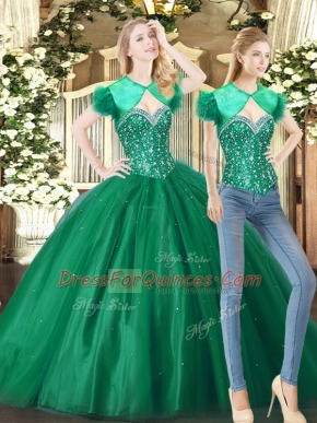 Sleeveless Floor Length Beading Lace Up Quinceanera Gowns with Green