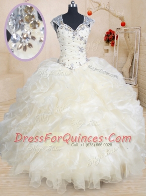 Straps Champagne Cap Sleeves Floor Length Beading and Ruffles Zipper Quinceanera Gown