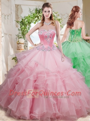 Wonderful Beaded and Ruffled Layer Big Puffy Cheap Quinceanera Dress in Baby Pink