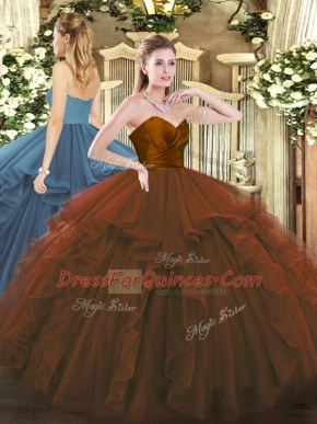 Floor Length Brown Quinceanera Gown Tulle Sleeveless Ruffles