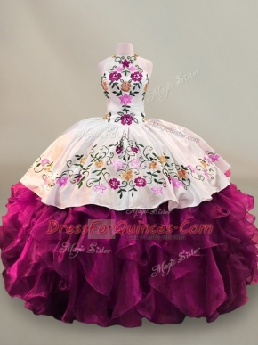 Suitable Sleeveless Floor Length Beading and Embroidery Lace Up Sweet 16 Quinceanera Dress with Fuchsia