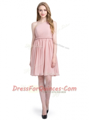 Romantic Pink One Shoulder Neckline Ruching Prom Evening Gown Sleeveless Side Zipper