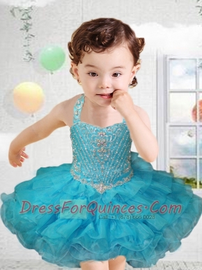 Cute Ball Gown Halter Mini-length Beading Blue Little Girl Dress