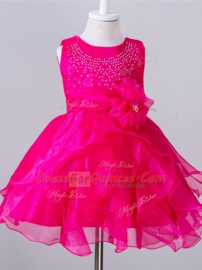 Custom Design Beading and Hand Made Flower Flower Girl Dress Hot Pink Zipper Sleeveless Knee Length