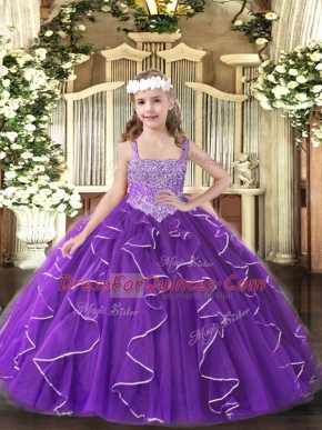 Purple Sleeveless Floor Length Beading and Ruffles Lace Up Girls Pageant Dresses