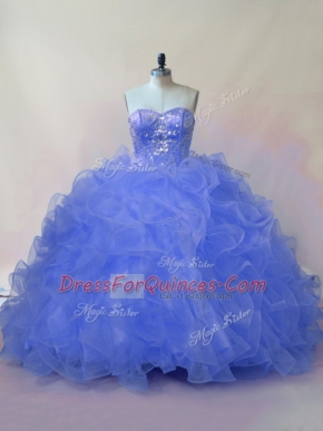 Sleeveless Floor Length Beading and Ruffles Lace Up Ball Gown Prom Dress with Blue