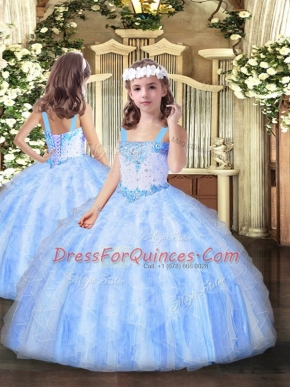 New Arrival Light Blue Sleeveless Floor Length Beading and Ruffles Lace Up Little Girl Pageant Gowns