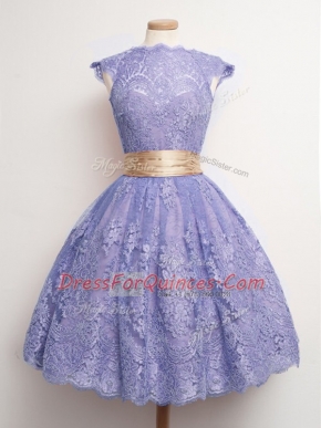 Lace Cap Sleeves Knee Length Quinceanera Court of Honor Dress and Belt