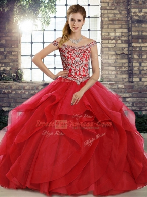 Red Lace Up Off The Shoulder Beading and Ruffles Ball Gown Prom Dress Tulle Sleeveless Brush Train