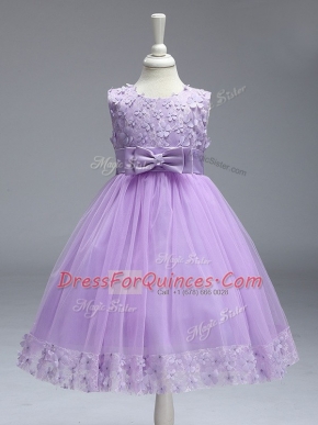 Dazzling Lavender Scoop Zipper Lace and Bowknot Girls Pageant Dresses Sleeveless