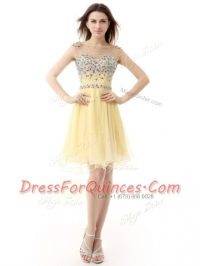 Graceful Light Yellow Zipper Bateau Beading Prom Gown Organza Sleeveless