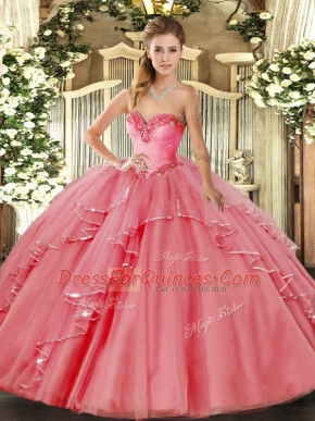 Fine Sweetheart Sleeveless Lace Up Quinceanera Gown Watermelon Red Tulle