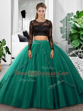 Scoop Long Sleeves Backless Quinceanera Dress Dark Green Tulle