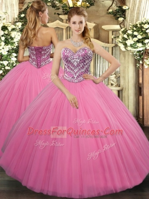 Floor Length Rose Pink Sweet 16 Dresses Sweetheart Sleeveless Lace Up