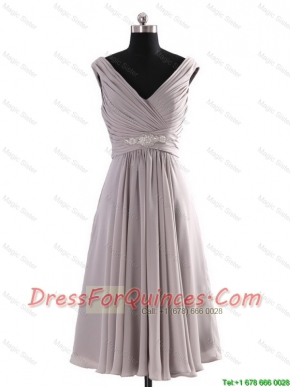 Cheap Most Popular V Neck Short Beading Grey Prom Dresses for Graduation