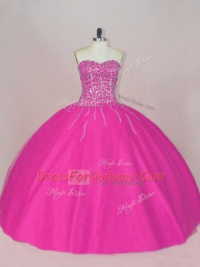 Fuchsia Sleeveless Tulle Lace Up Quinceanera Dress for Sweet 16 and Quinceanera