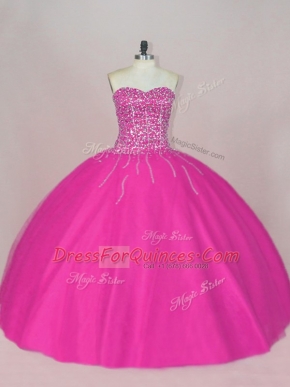 Fuchsia Sleeveless Tulle Lace Up Quinceanera Dress for Sweet 16 and Quinceanera