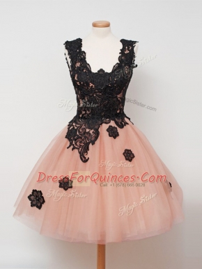 New Style Peach Sleeveless Knee Length Lace Zipper Damas Dress