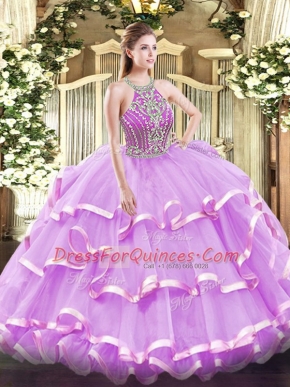 Hot Sale Lilac Lace Up Quinceanera Dresses Beading and Ruffled Layers Sleeveless Floor Length