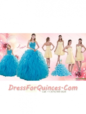Teal Sweetheart Ruffles Quinceanera Gown and Sweetheart Short Dama Dresses and Teal Halter Top Flower Girl Dress